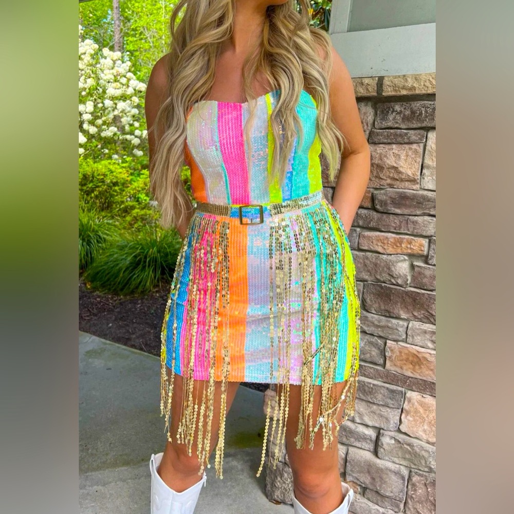 Rainbow sequin strapless dress